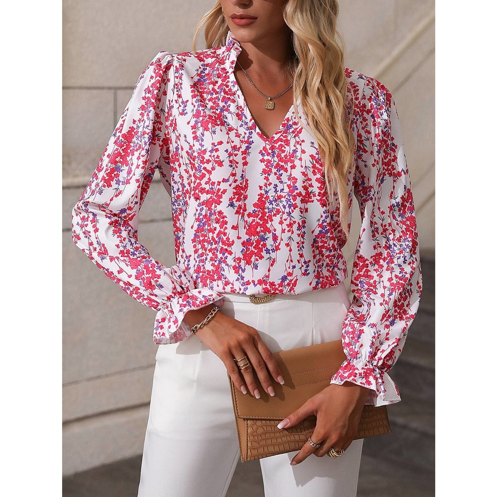 Boho Floral v neck long sleeve Flounce Sleeve Blouse hot pink